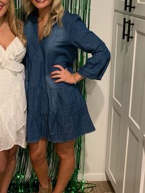Pink Lily Denim Blue Tiered V-Neck Dress